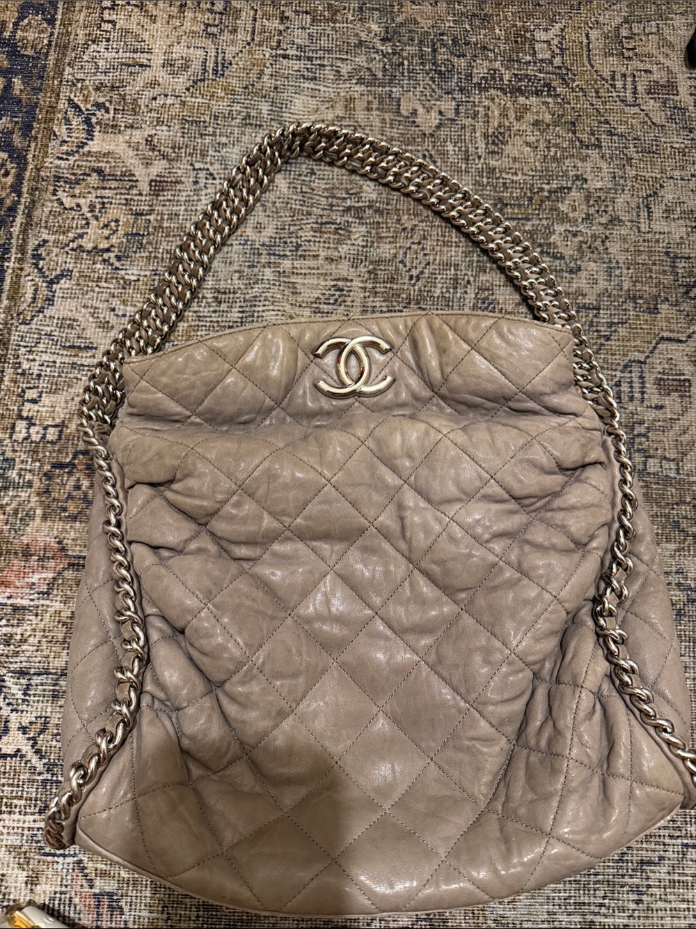 CHANEL Quilted Shoulder Bag in Taupe-Beige with Gold Hardware